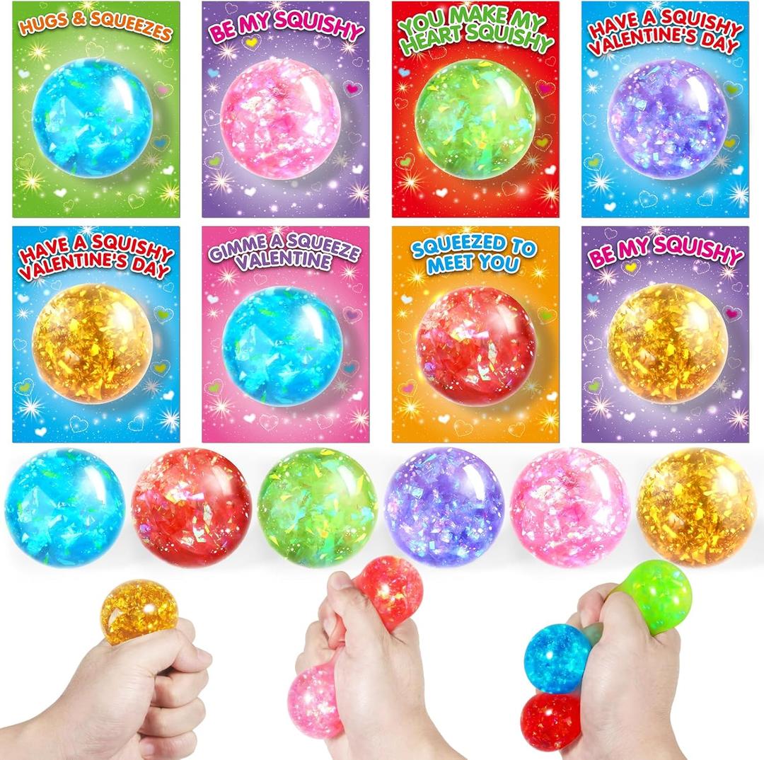 SpringFlower Valentines Day Cards For Kids With Stretchy Balls Toys, Classroom Valentines Exchange Gifts, 24 Pack Valentines Party Favors For Kids, School Classroom Valentine's Prizes