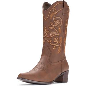 IUV Cowboy Boots For Women Pointy Toe Women's Western Boots Cowgirl Boots Mid Calf Boots (6, Brown)