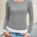 Cicy Bell Womens Long Sleeve Tops Patchwork Crewneck Slim Fit Shirts Going Out Casual Fall Basic Tees (L)