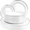 Aya's 100 Silver Rimmed Disposable Dinner and Dessert Plates Set - 50 Large and 50 Small Heavy Duty Plastic Plates - Elegant Design for Weddings, Parties, Events - Durable and Stylish