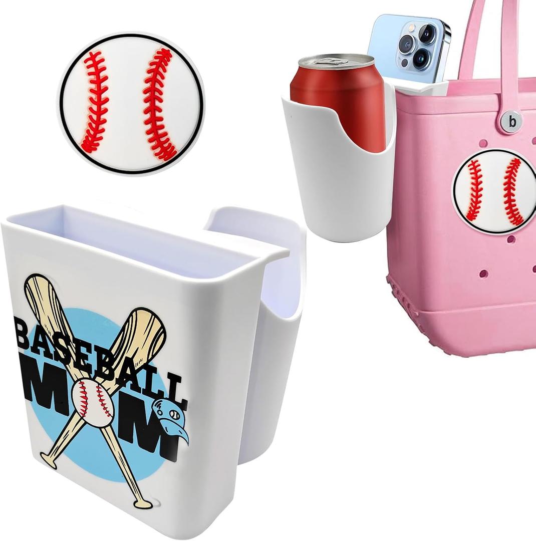 Baseball Phone and Cup Holder for Bogg Bag,With 1 Baseball Charm,ABS Organizer Accessories for All Brands/Sizes Rubber Beach Bag-White