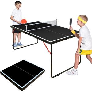 SculPong 4.5FT Ping Pong Table Foldable Table Tennis Table with Net, Paddles and Balls, MDF Multi-Use Family Game Table Assembly Free for Kid Child Teenager Adult, Small Compact Portable Black Table