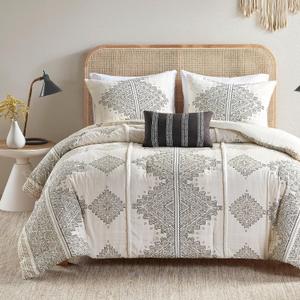 Madison Park King Comforter Set, Boho Comforters with Chenille Trims, All Seasons, Microfiber Bedding, Pillow & Shams, Ibiza, Cal King, Black/Ivory 4 Piece