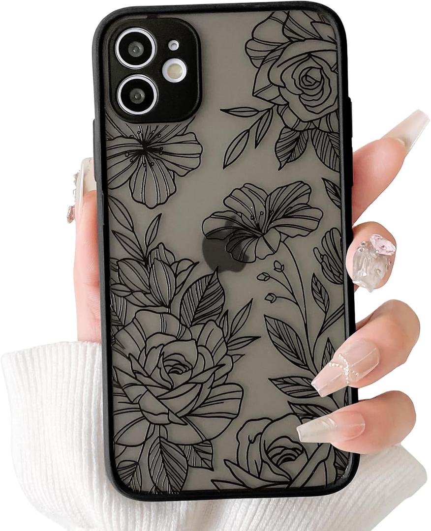 NITITOP Compatible with iPhone 11 Case Cute Aesthetic Floral Flower Vintage Rose Pattern Matte Clear Women Girl Full Camera Lens Slim Hard PC Shockproof Pritective Cover - Black