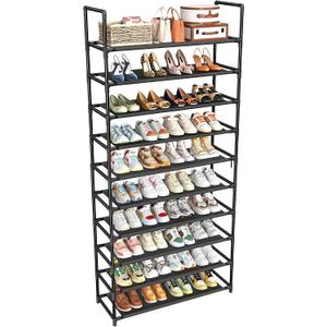 Simple Trending Tall Shoe Rack Storage Holds 40 Pairs, 10 Tier Shoe Organizer Shelf Large Capacity for Entryway Closet, Black, 10 Tiers Wide