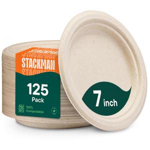 8 x Paper Plates, 100% Compostable Heavy Duty, Disposable 7 Inch, Small Dessert Plate - [125-Pack] Eco-Friendly, Biodegradable Bagasse Natural Brown 7" Small Plates - (PFAS-Free) - (BPI Certified)