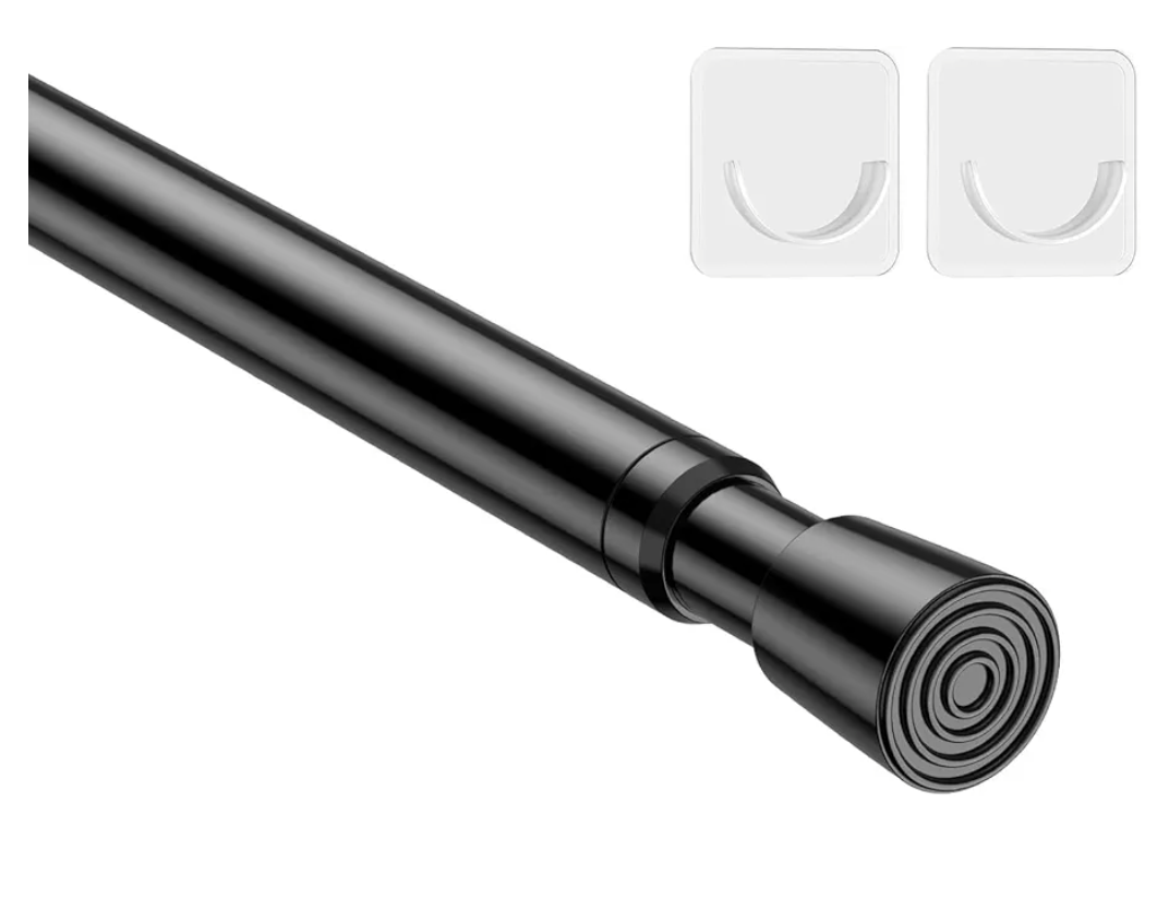 MEXAU 1Pack Spring Tension Curtain Rod 26-39 inch Black Adjustable Spring Rod Extendable Tension Rod For Kitchen, Bathroom, Window, Bookshelf, Closet