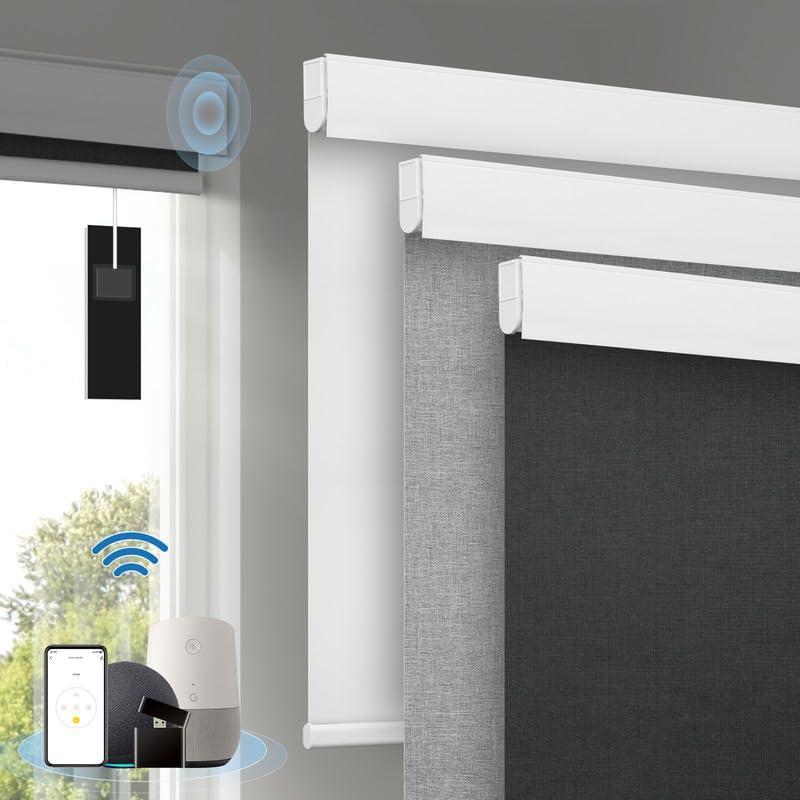 Motorized Blinds with Remote, [Free Solar Panels] Cordless Smart Blinds with Valance Cover, Blackout Electric Blinds with Remote Control, Automatic Roller Shades for Windows Light Black 34" W x 72" H