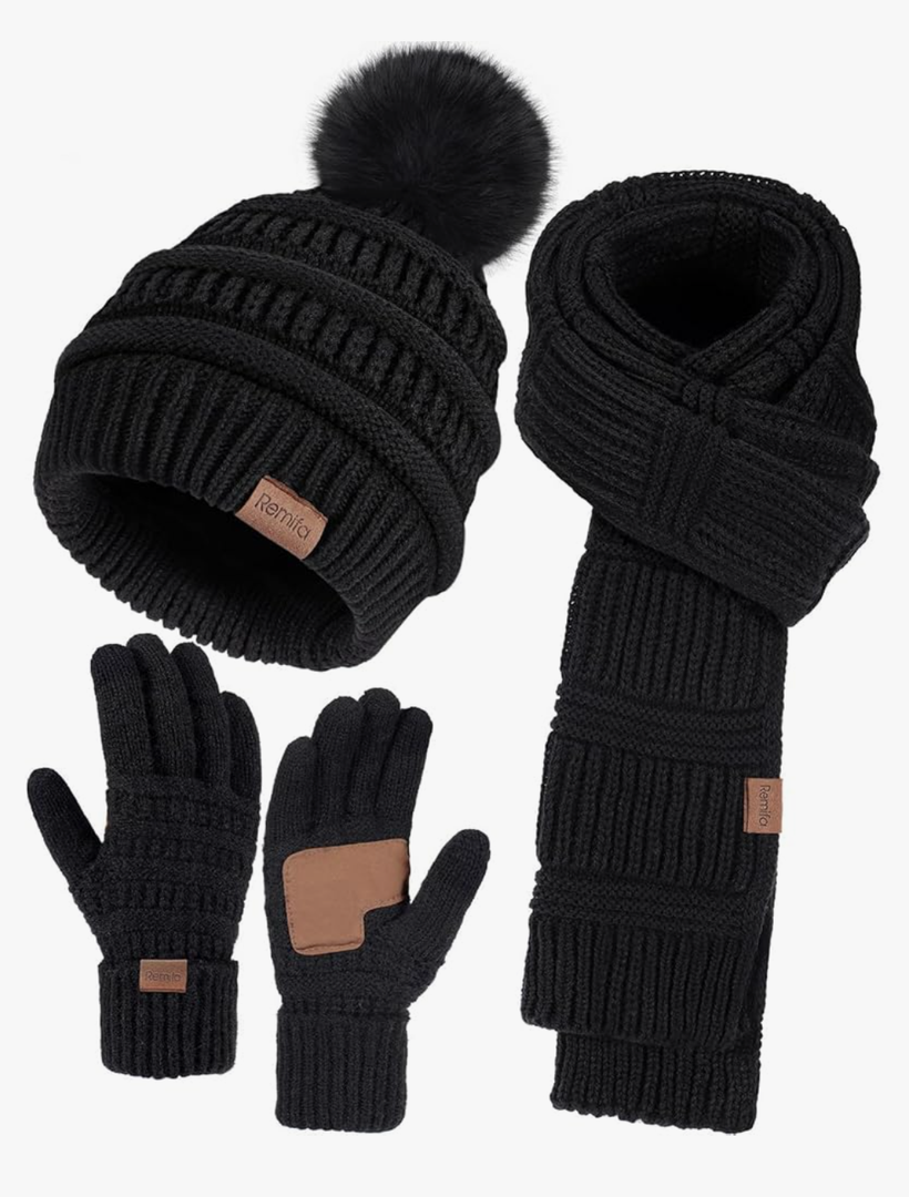 Remifa Winter Beanie Hat Scarf Gloves Set for Women, Slouchy Pom Pom Hat Long Knit Scarf Touchscreen Gloves Christmas Gifts
