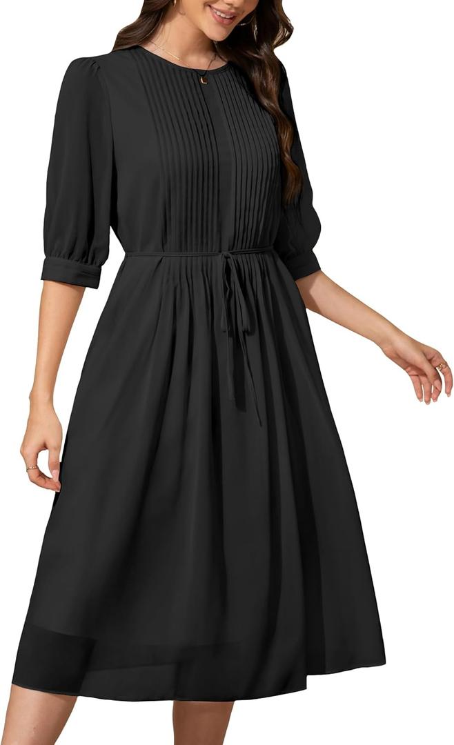 Solid Color Relaxed Dresses 2025 Women's Casual 3/4 Sleeve Crew Neck Flowy Swing A Line Dresses with Pockets, Small, Black