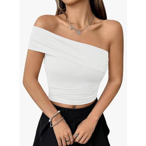 WDIRARA Women's Off Shoulder Top Short Sleeve Ruched Tee Shirt Crop Tops Large