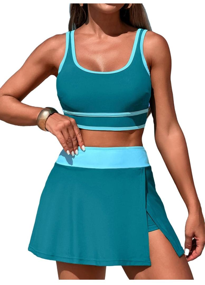 Women's High Waisted Bikini Sets Tummy Control Swim Skirt One Piece Swim Suit Tummy Control Color Block Bathing Suit, size L