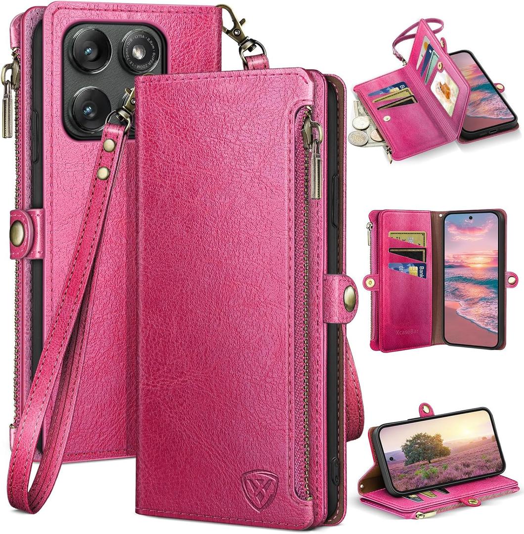 XcaseBar Compatible with Moto Edge 5G 2025 Wallet case with Zipper Credit Card HolderRFID Blocking,Flip Folio Book PU Leather Phone case Shockproof Cover Women Men for Mote Edge 2025 case Rose Red