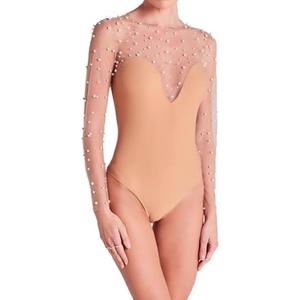 Clispiy Mesh Pearl Top Sheer Bodysuit For Women Pearl Long Sleeve Bodysuit With Snap Crotch L