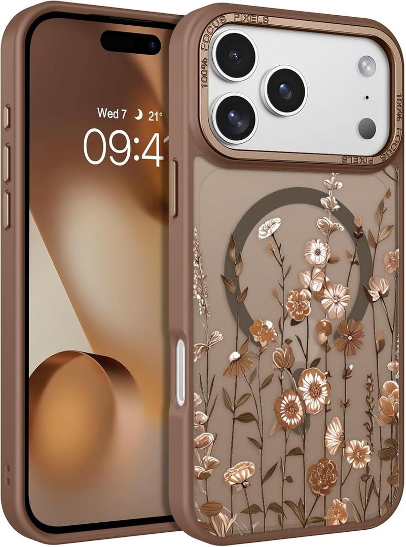 DOMAVER for iPhone 17 Pro Max Case, Magnetic Phone Case for iPhone 17 Pro Max [Compatible with MagSafe] Slim Fit Flowers Floral Design Shockproof Protective Bumper Women Men Girls Boys Cover- Brown