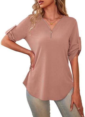 a.Jesdani Women's Plus Size Zip Front 3/4 Sleeve Shirts V Neck Blouses Tunic Top 1XL
