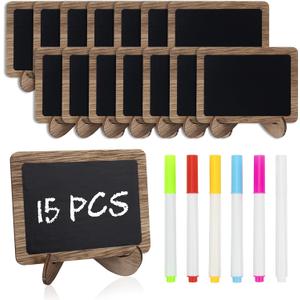 Temlum 15 Pcs Mini Chalkboard Sign with 6 Color Chalk Markers, 2.9 x 3.9 Wooden Blackboard Reusable Small Chalkboards for Food, Buffet, Message Board, Table Number (Rustic Brown)
