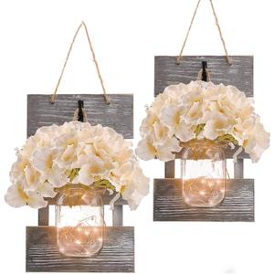 Anount Mason Jar Sconces,Besuerte Rustic Wall Decor Set of Two,LED String Lights for Modern Living Room, Home Decor Living Room Wall Art, 6 Hour Timer Set of 2 Grey (11.8" H x 7.1" W)