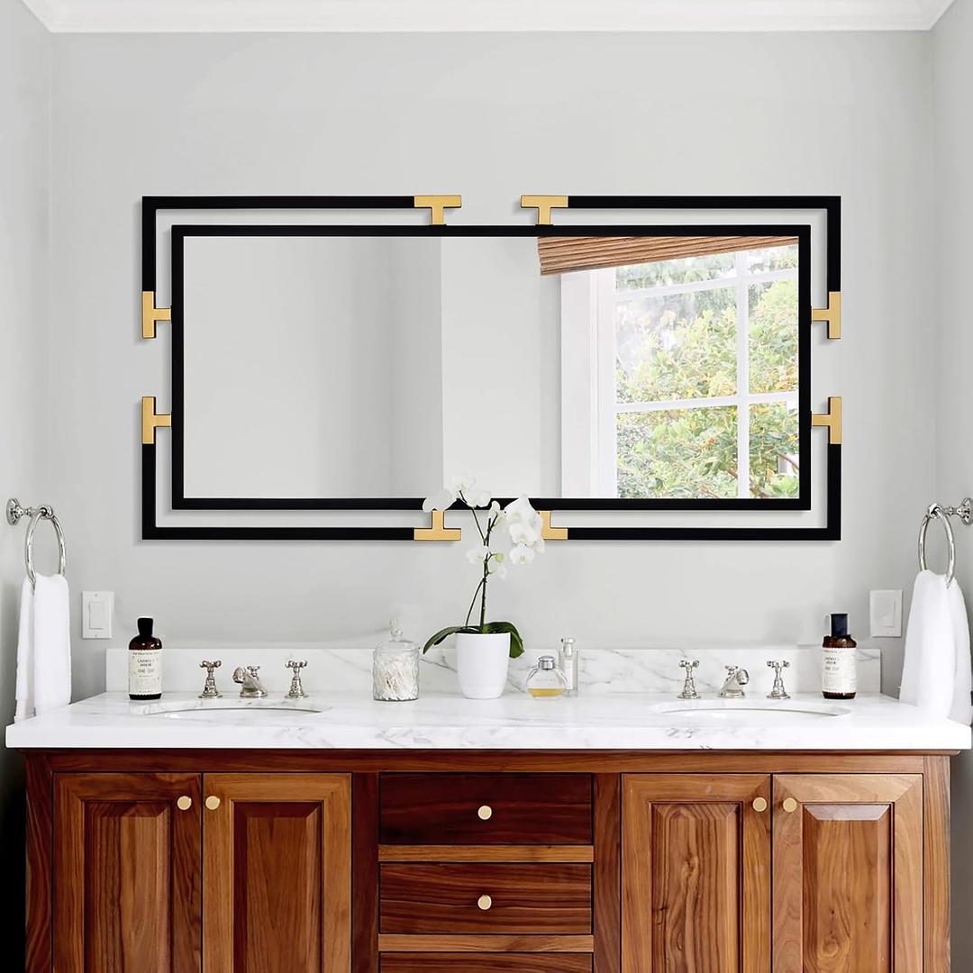 Large Mirror Wall Decor, 46.5"x23" Mirror with Black and Gold Metal Frame for Bedroom, Living Room, Bathroom, Horizontal/Vertical
