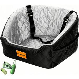 Dog Car Seat for Small & Medium Dogs, Detachable & Washable Booster Seat for Pets Up to 36lbs, Travel Bed with Storage Pockets and Safety Belt-Black/Grey