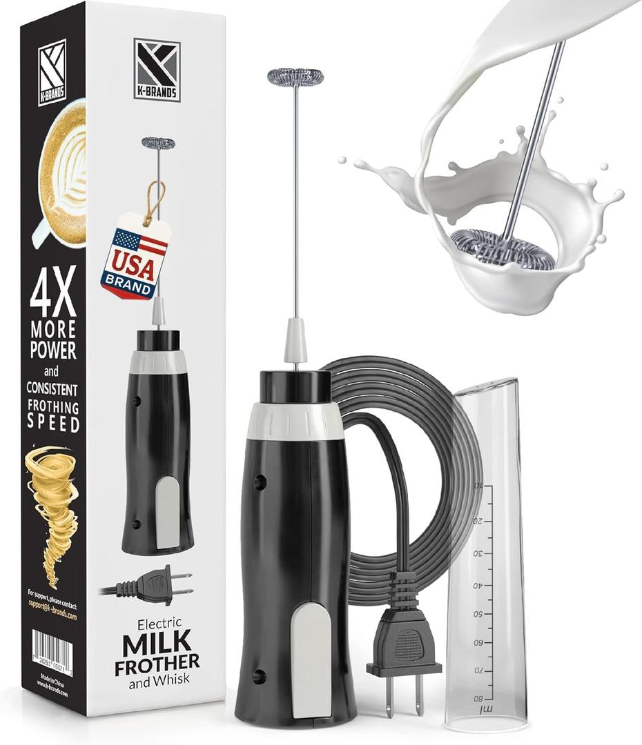 K-Brands Corded Electric Milk Frother with Plug in - Handheld Electric Whisk Stirrer Whipper - Foam Maker for Coffee, Latte, Cappuccino, Hot Chocolate  Powerful Drink Mixer