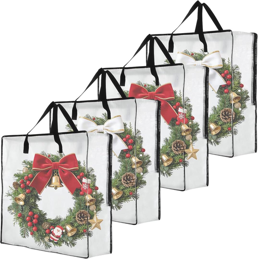 Grevosea 4 Pack Wreath Storage Bag, Christmas Garland Container, 26 Inch Clear Door Wreath Organizers Holiday Decoration Organizer with Sturdy Zippers Moving Bag for Home