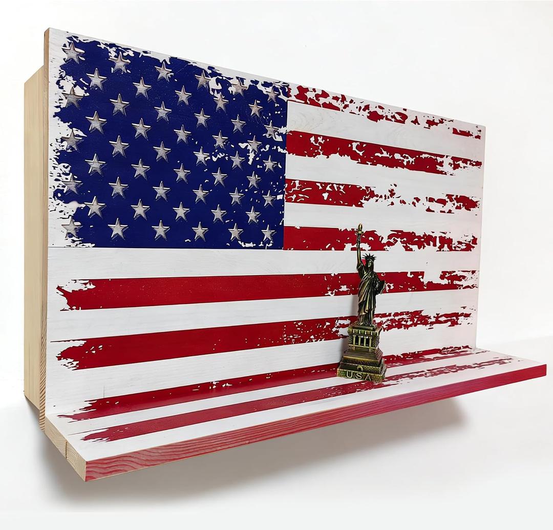 American Flag Compact Gun Shelf with Hidden Storage, Solid Wood & Pine Material, Liberty Enlightening the World Lock Design (Red & Blue)