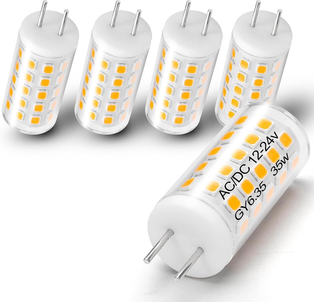 Heifymi GY6.35 Light Bulb AC/DC 12-24V 4W Equivalent 35W-40W Halogen Bulb Warm White 2700K GY6.35/G6.35 JC Type Bi-Pin Base for Pendant Landscape Kitchen Lights Desk Lamp, Non-Dimmable, 5 Pack