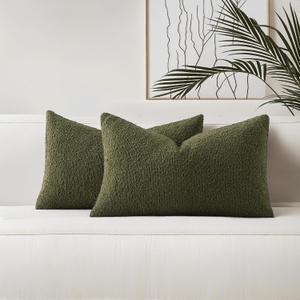 HAUSSY Pack of 2 Boucle Lumbar Throw Pillow Covers 12x20 Inch, Moss Green | Decorative Accent Solid Neutral Pillowcases, Machine Washable, Couch Bed Sofa Living Room Home Decor, No Insert