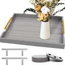 Coffee Table Tray - Large Ottoman Trays for Living Rooms - Wood Serving Tray with 2 Sets of Handles - Wooden Tray for Coffee Table, 4 Round Coasters Included, Gray