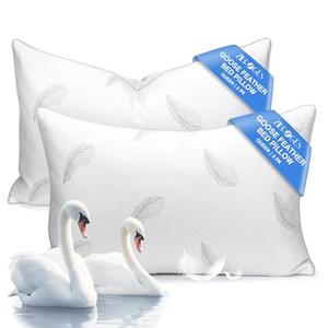 zibroges Goose Feather Pillows Bed Pillow - Hotel Down Pillows Queen Size Set of 2, Fluffy Support Surround Fill Polyester for Back, Stomach, Side Sleepers, Breathable & Soft Bed Pillow for Sleeping