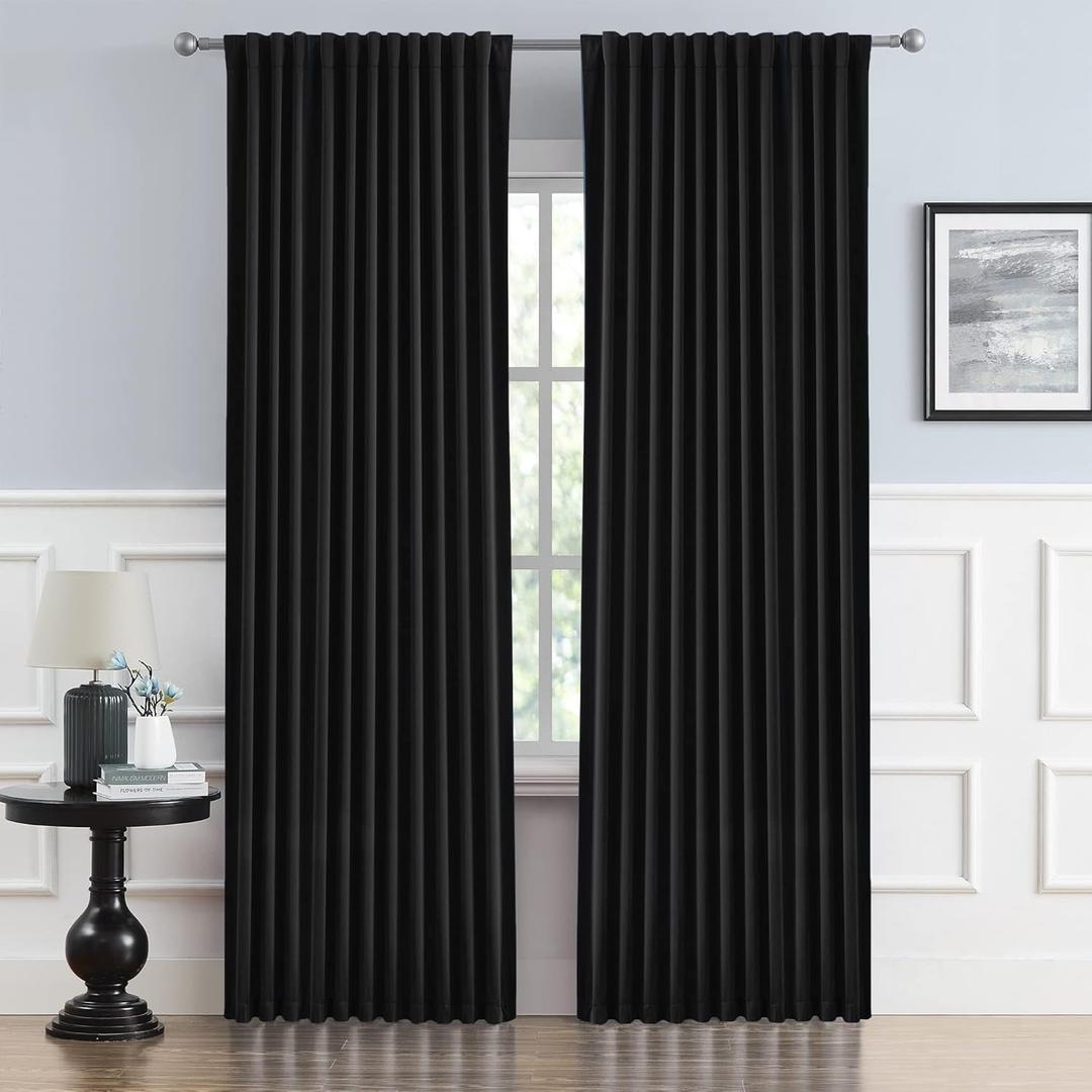DUALIFE Black Curtains for Sliding Glass Door, Pinch Pleated for Track System Blackout Temporary Curtain for Windows Room Divider Patio Door Back Tab Loop Pocket, 2 Panels, W70 x L84