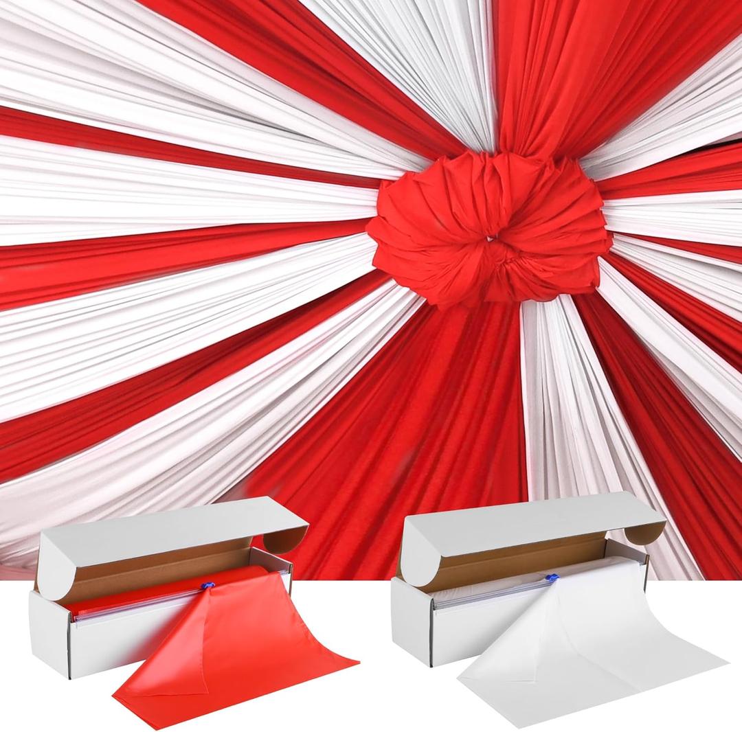 2 Rolls 54'' x 100 Circus Tablecloth Roll Red and White Solid Color Table Cover with Slide Cutter Disposable DIY Carnival Tent Party Supplies for Stage Backdrop Curtains Ceiling Wall Drapes