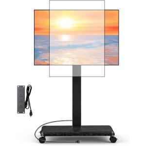 Neothm Rolling TV Stand with Power Outlet, Swivel Mobile Portable TV Cart for 32-75 Inch TVs up to 110 lbs, Landscape to Portrait, Height Adjustable Outdoor TV Stand with Wheels, Max VESA 600x400mm