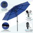 DUMOS Patio Umbrella 10FT 3 Tier with 32 LED Lights, Waterproof Market Table Umbrella with Crank and 8 Ribs Outdoor for Pool, Beach, Terrace and Outdoor Restaurant, Navy Blue