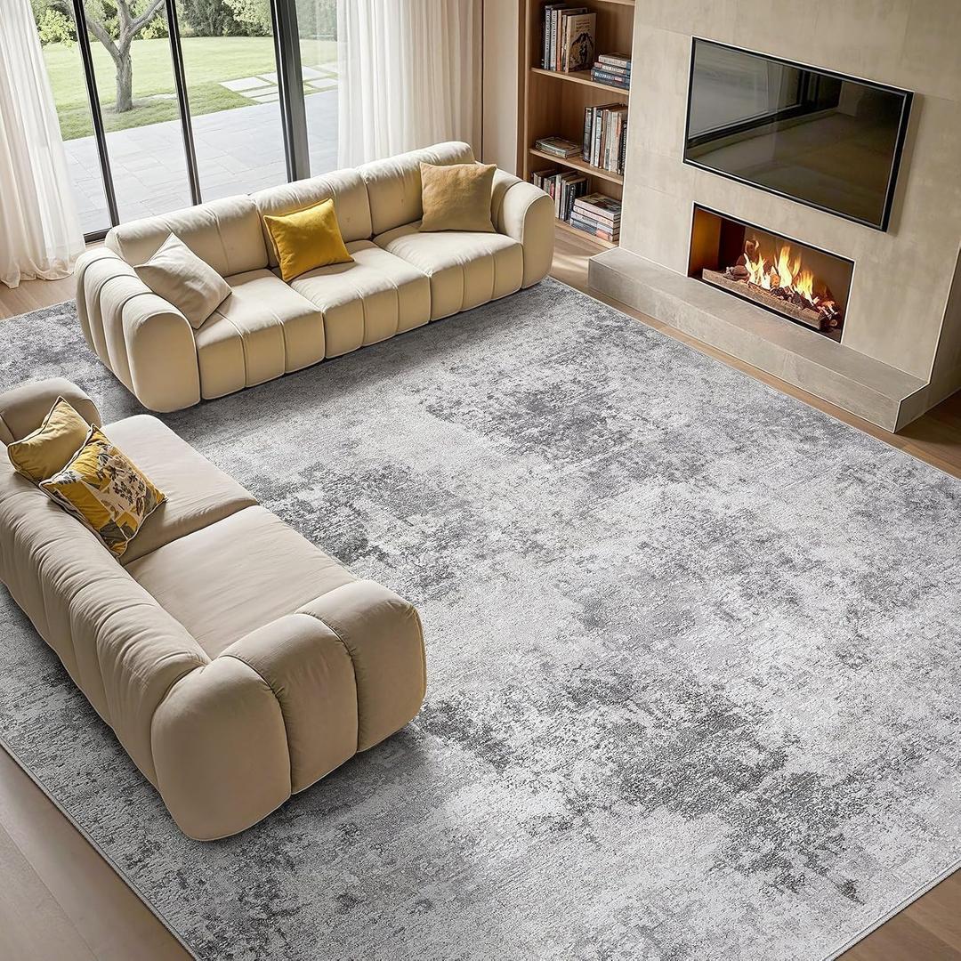 Tortania Washable 9x12 Area Rug for Living Room: Modern Abstract Neutral Large Soft Thin Rugs - Non Slip Indoor Carpet for Bedroom Dining Room Office Nursery Home Floor Decoration - Smoky Gray