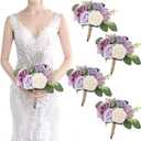 SEMONONIA Artificial Bridesmaid Bouquets 4Pcs 7 Inch Bridesmaid Bouquets Fake Floral Silk Rose Handmade for Wedding Holding Flowers, Bridal Shower, Engagement Wedding Ceremony Anniversary Lilac