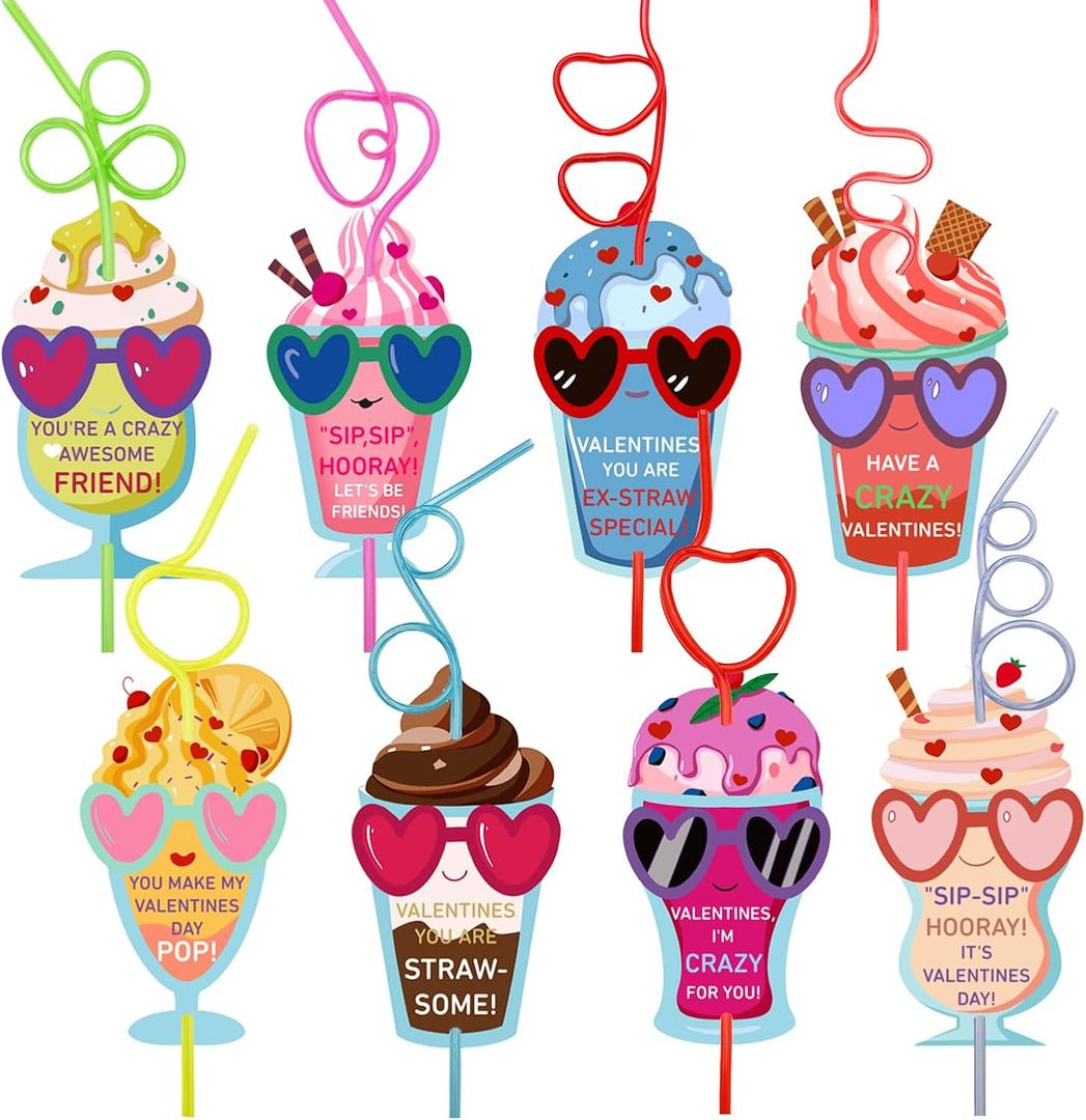 32 Pack Valentines Day Cards Gifts for Kids Crazy Straw Valentines Gifts for Girls Boys Classroom Gift Exchange, School Prizes, Party Favors