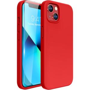 Miracase Designed for iPhone 13 Case, with Tempered Glass Screen Protector, [Soft Anti-Scratch Microfiber Lining], Shockproof Liquid Silicone Rubber Phone Cover Case for 13 6.1 inch(Red)