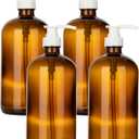 32 Ounce Glass Pump Dispenser Bottle, Large Amber Container with Pump for Shower and Bath Shampoo Soap Conditioner Lotion - 1 Liter - by Kitchentoolz (White Pump)
