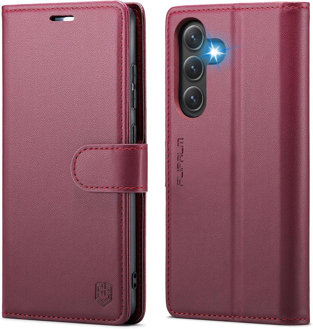 Wallet Case for Samsung Galaxy S24 Fe, RFID Blocking Credit Card Holder, PU Leather Folio Flip Kickstand Protective Shockproof Cover for S24 Fe (Red, for S24 Fe - 6.4")