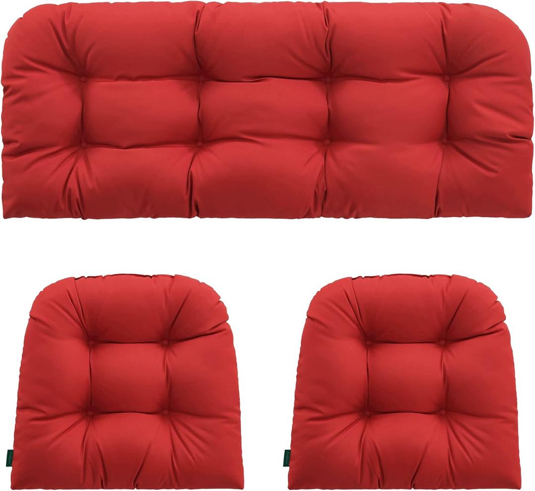 Outdoor/Indoor All Weather Tufted Wicker Chair Cushions of 3 Pieces, 1 Loveseat and 2 U-Shape Waterproof Cushions for Patio Furniture,Wicker Loveseat,Bench-Red