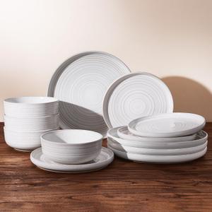 12-Piece Stoneware Dinnerware Set, Flared Plates & Bowls with Reactive Glaze, Speckles & Spirals, Chip & Scratch Resistant Dishes, Dishwasher Safe, Modern Rustic, Service for 4, White