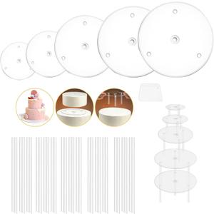 5 Pieces Cake Separator Plates Stands, Cake Base with 15 Pieces Plastic Cake Dowels Rods, Reusable for Tiered Stacked Cakes, for Wedding Birthday Party Festival.