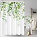 Tititex Greenery Eucalyptus Shower Curtain Sets, Bright Green Watercolor Leaves on The Top Plant with Floral Bathroom Decoration 60x72 Inch with Hooks