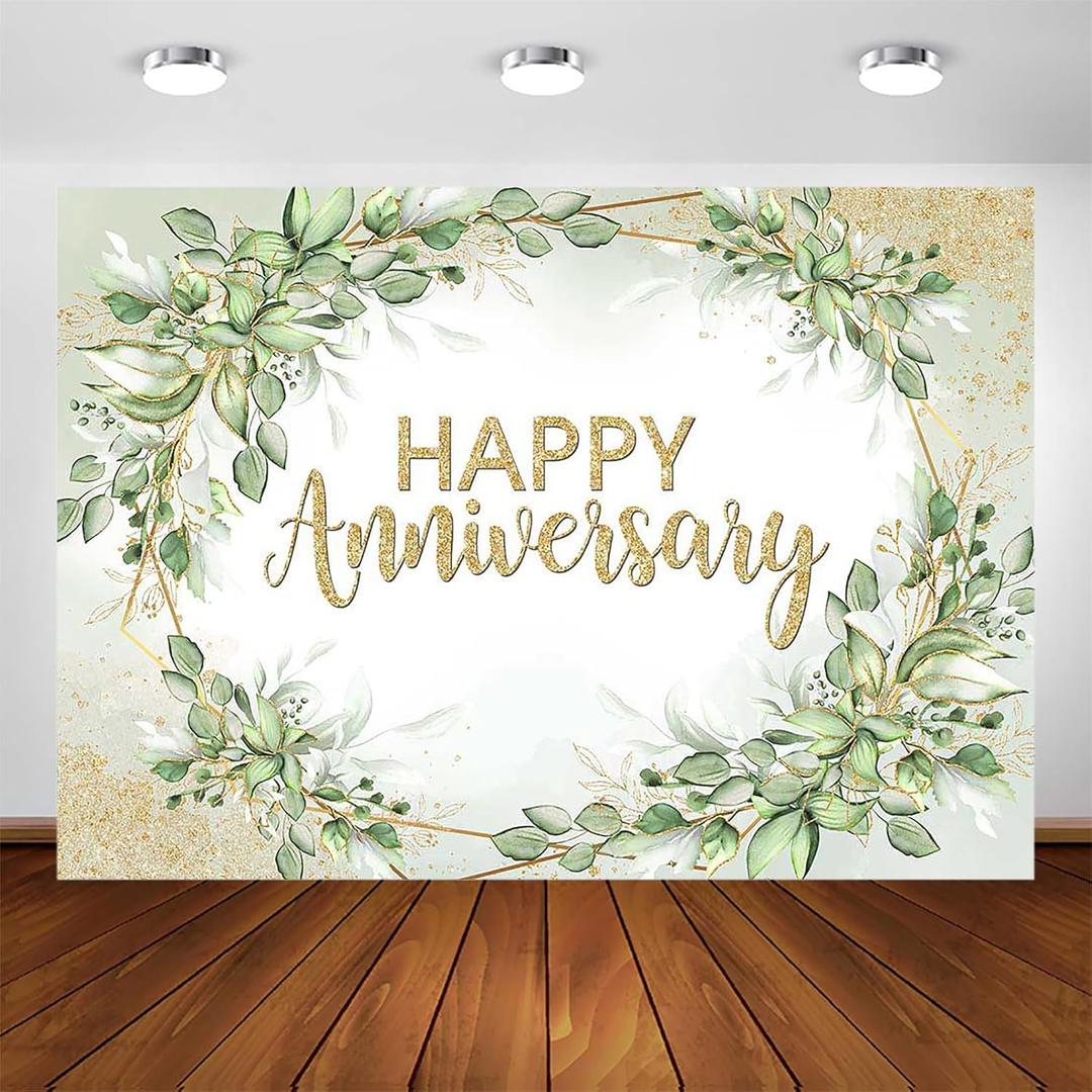 Avezano Happy Anniversary Backdrop - Sage Green Leaves Banner - Cheers to Marriage Wedding Party Decorations - Memorial Portrait Photo Booth Background (7x5ft)