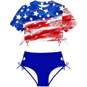 CRISONE Girls Swimsuits Short Sleeve Bathing Suit Solid 2 Piece Drawstring Swimwear, 7-8 Y
