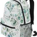 Miaoquhe Sage Green Leaves Backpacks for School Student, Watercolor Eucalyptus Leaf Laptop Backpacks for Kids Boys Girls, Floral Bookbags for Outdoors Travel Hiking Camping, 17.32x12.59x5.90 inch