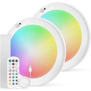 Combuh 2 Pack Rechargeable RGB Ambient Shower Light Waterproof Inside, LED 13 Color Changing Mood Lighting for Bathroom Cordless Battery Operated Stick on Ceiling Lamp with Remote for Bathtub Bedroom