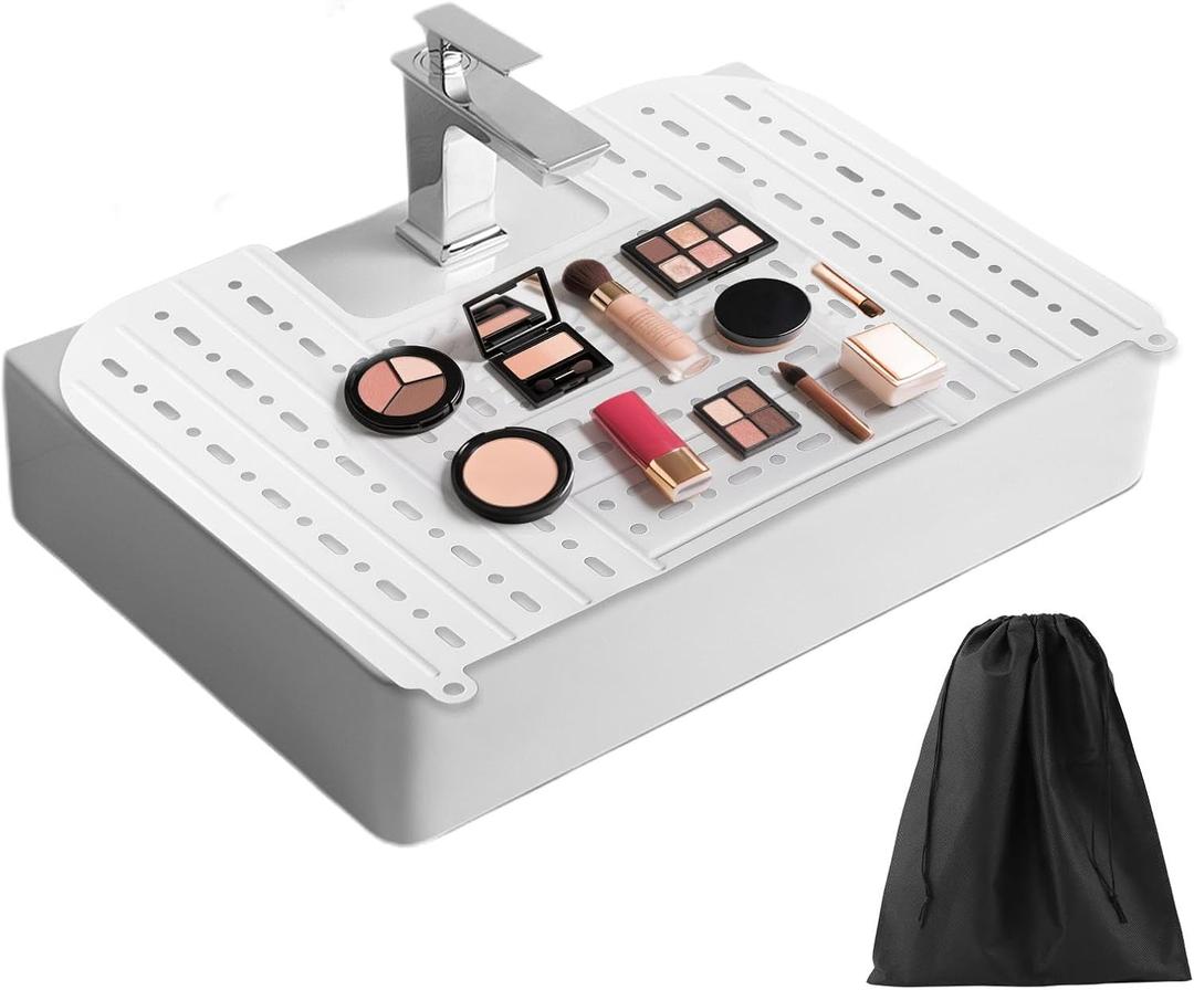 Bathroom Sink Cover for Counter Space Sink Mat Foldable Sinks Cover Silicone Makeup Organizer Mat Bathroom & Rv Camper Travel (Color:White)